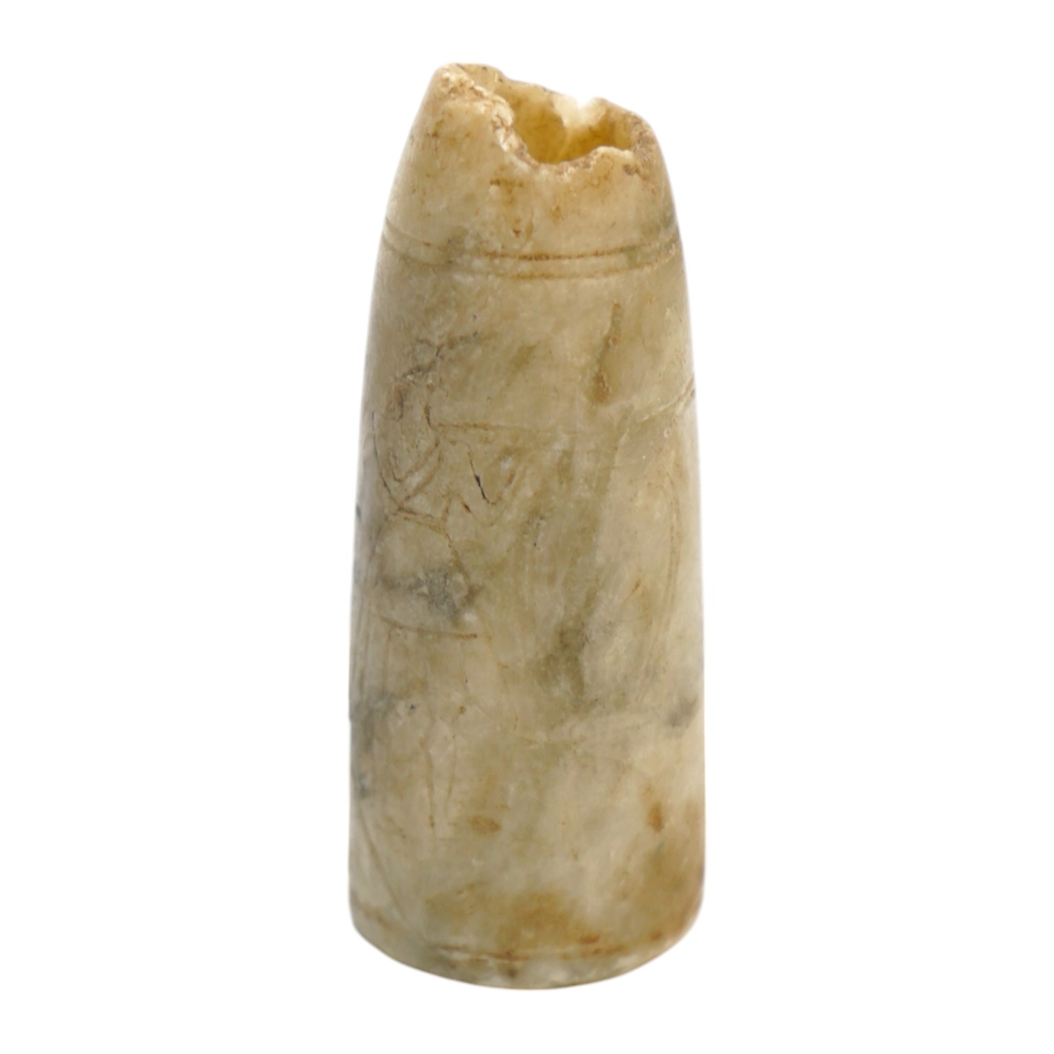 An Egyptian incised alabaster cosmetics bottle (bullet shaped), 7.5cm. Condition - restored